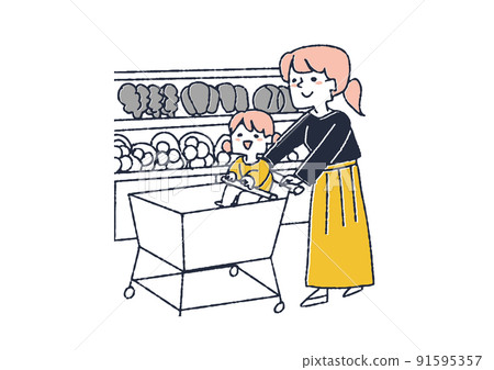 Women who shop by pushing carts where children can ride People who shop at supermarkets 91595357