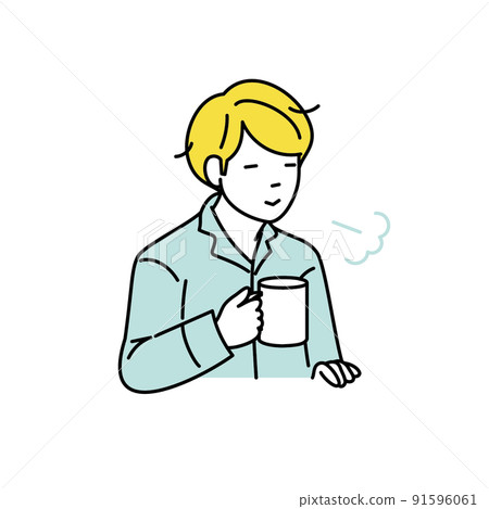 一個穿著睡衣的男人醒來時喝酒的插圖 一個穿著睡衣的男人醒來時喝酒的插圖 91596061