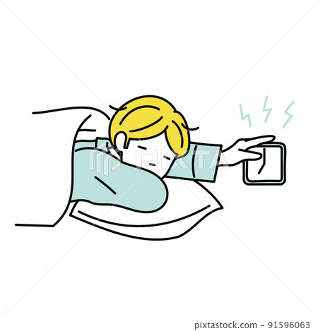 Illustration of a man having a hard time waking up and stopping his alarm clock in the morning 91596063