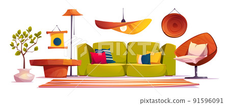 Living room interior with sofa, chair, bookshelves 91596091