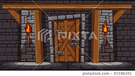 Medieval castle gate at night, palace exterior Medieval castle gate at night, palace exterior 91596201