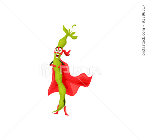 Emoticon of kidney bean superhero in red cape and mask legume pod isolated cartoon character. Vector kidney bean comic superfood hero vegetarian food, healthy vegetable in pods, children kids hero 91596317