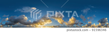 Dark blue sunset sky panorama with Cumulus clouds. Seamless hdr pano in spherical equirectangular format. Complete zenith for 3D visualization, game and sky replacement for aerial drone 360 panoramas. 91596346