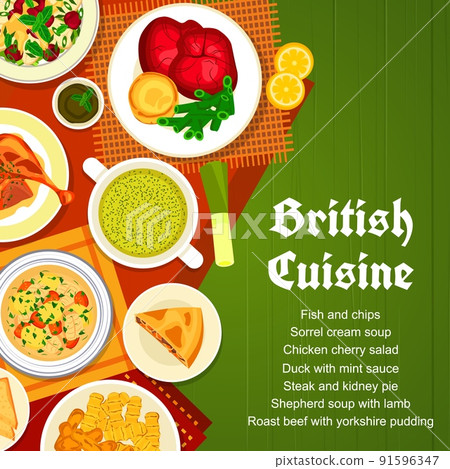 British cuisine menu cover. Duck with mint sauce, chicken cherry salad and sorrel cream soup, roast beef with yorkshire pudding, shepherd soup with lamb and fish with chips, steak and kidney pie 91596347