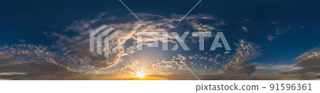 Golden sunset sky pano with Cumulus clouds. Seamless hdr panorama in spherical equirectangular format. Complete zenith for 3D visualization, game and sky replacement for aerial drone 360 panoramas. Golden sunset sky pano with Cumulus clouds. Seamless hdr panorama in spherical equirectangular format. Complete zenith for 3D visualization, game and sky replacement for aerial drone 360 panoramas. 91596361