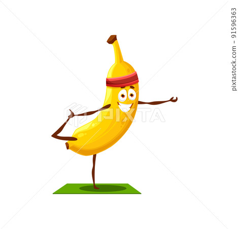 Banana isolated exotic yellow fruit in sport band on head doing fitness pilates stretching on mat. Vector tropical food, vegetarian dessert active workout, hobby healthy lifestyle of cartoon character Banana isolated exotic yellow fruit in sport band on head doing fitness pilates stretching on mat. Vector tropical food, vegetarian dessert active workout, hobby healthy lifestyle of cartoon character 91596363