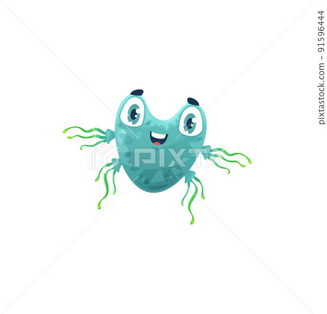 Cartoon virus cell vector icon, cute green bacteria with long hairs, happy germ character with funny face. Smiling pathogen microbe emoticon, isolated moving micro organism symbol 91596444