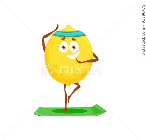 Yellow citrus smiling lemon fruit isolated cartoon character on sport trainings. Vector juicy lemon, tropical citron, ripe sour fruit in zest in sport band doing yoga, fitness pilates exercises on mat 91596475