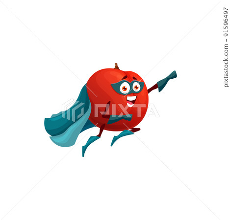Flying plum fruit cartoon superhero character, isolated vector super hero personage in cape, boots, gloves and mask fly with raised arm. Funny fairytale healthy food, smiling plant with big eyes Flying plum fruit cartoon superhero character, isolated vector super hero personage in cape, boots, gloves and mask fly with raised arm. Funny fairytale healthy food, smiling plant with big eyes 91596497