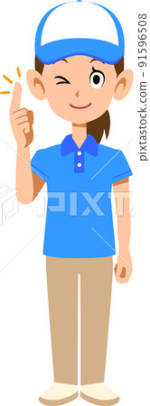 A gesture to explain with the index finger of a female staff member wearing a short-sleeved polo shirt and a hat 91596508