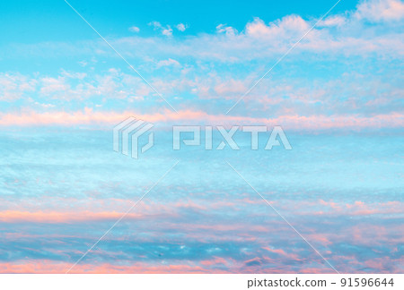 beautiful panorama of sky with pink clouds at sunset or sunrise. Light pink clouds in sunset blue sky. Pastel colors of clouds, sunrise sundown natural background 91596644