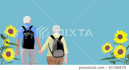 在向日葵盛開的城市裡，一對老年夫婦手牽手的背影 91596679