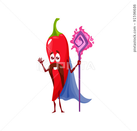 Cartoon red chili pepper magician character, vector funny veggie . Kids funny cute vegetable, hot chilli pepper as wizard or sorcerer with magic wand or power stick Cartoon red chili pepper magician character, vector funny veggie . Kids funny cute vegetable, hot chilli pepper as wizard or sorcerer with magic wand or power stick 91596686