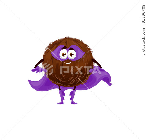 Coconut fruit in hard shell superhero in mask and cape isolated funny emoticon cartoon character. Vector exotic food hero, smiling coconut with arms and legs. Palm tree nut, cheerful super hero 91596708
