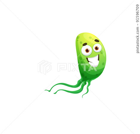Cartoon green microbe or virus character. Vector bacteria, cute cell, cheerful germ with funny face. Smiling pathogen microbe with big eyes and long flagella, isolated micro organism personage Cartoon green microbe or virus character. Vector bacteria, cute cell, cheerful germ with funny face. Smiling pathogen microbe with big eyes and long flagella, isolated micro organism personage 91596709
