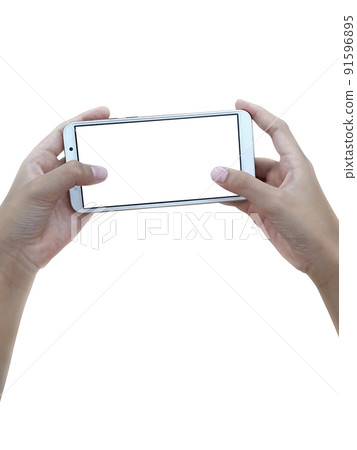 Two hands holding big screen smart phone, clipping path Two hands holding big screen smart phone, clipping path 91596895