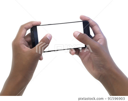 Two hands holding big screen smart phone, clipping path Two hands holding big screen smart phone, clipping path 91596903