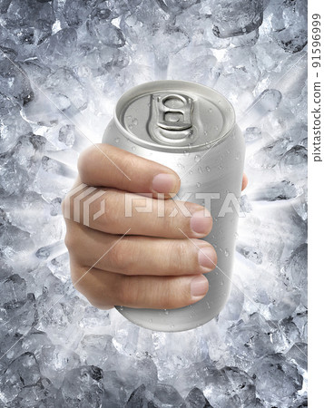 Aluminum cans in hand, on a Ice broken splash background Aluminum cans in hand, on a Ice broken splash background 91596999