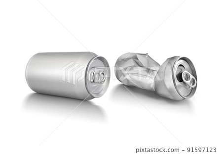 Crumpled empty blank soda and beer can garbage, Crushed junk can can recycle isolated on white background 91597123