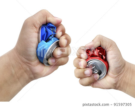 Compressed cans in hand isolated on white background 91597305