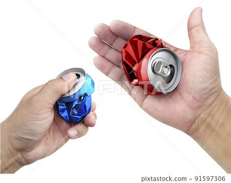Compressed cans in hand isolated on white background 91597306