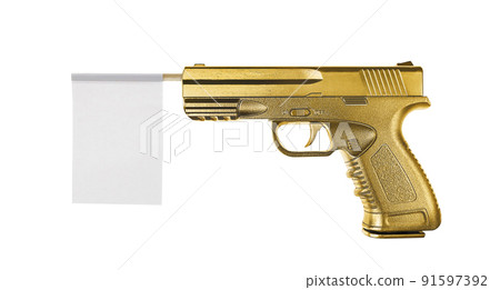 White flag from a gun gold metal isolated on a white background 91597392