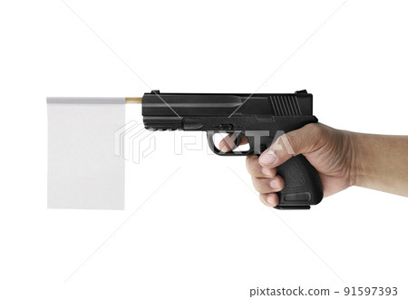 White flag from a gun isolated on a white background 91597393