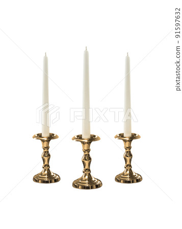 Candle on candlestick isolated on white background Candle on candlestick isolated on white background 91597632
