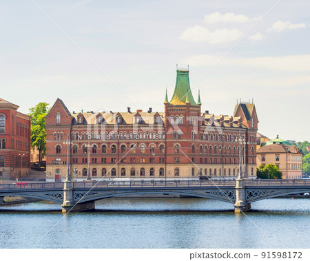 Norstedt Building, or Norstedtshuset, overlooking The Vasa Bridge, or Vasabron in a summer sunny day, Stockholm, Sweden 91598172