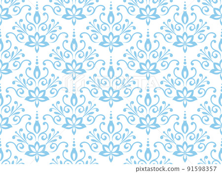 Floral pattern. Vintage wallpaper in the Baroque style. Seamless vector background. White and blue ornament for fabric, wallpaper, packaging. Ornate Damask flower ornament Floral pattern. Vintage wallpaper in the Baroque style. Seamless vector background. White and blue ornament for fabric, wallpaper, packaging. Ornate Damask flower ornament 91598357