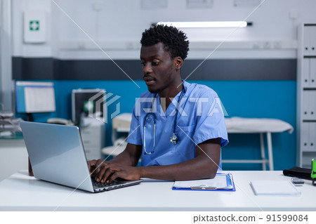 Hospital nurse verifying patient medical records and updating treatment database using modern computer. Healthcare staff analyzing consultation results and prescribed antibiotics. Hospital nurse verifying patient medical records and updating treatment database using modern computer. Healthcare staff analyzing consultation results and prescribed antibiotics. 91599084