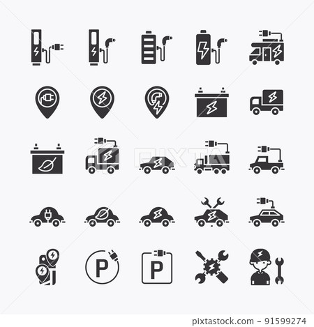 electric vehicle logo flat black icons set. EV ECO clean energy technology icon. simple design vector electric vehicle logo flat black icons set. EV ECO clean energy technology icon. simple design vector 91599274