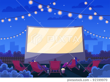 Cartoon Color Open Air Cinema Scene Concept Flat Design Style Night City, Romantic Event. Vector illustration 91599970