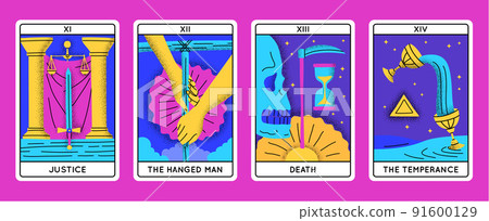 Cartoon Color Magical Tarot Cards Major Arcana Set Concept Flat Design Style Include of Justice, Hanged Man, Death and Temperance. Vector illustration Cartoon Color Magical Tarot Cards Major Arcana Set Concept Flat Design Style Include of Justice, Hanged Man, Death and Temperance. Vector illustration 91600129