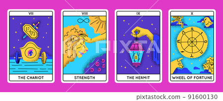 Cartoon Color Magical Tarot Cards Major Arcana Set Concept Flat Design Style Include of Chariot, Hermit, Strength and Wheel of Fortune. Vector illustration 91600130