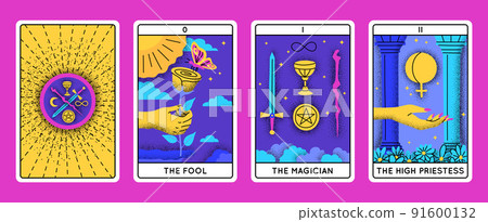 Cartoon Color Magical Tarot Cards Major Arcana Set Concept Flat Design Style Include of Magician, Fool and High Priestess. Vector illustration Cartoon Color Magical Tarot Cards Major Arcana Set Concept Flat Design Style Include of Magician, Fool and High Priestess. Vector illustration 91600132