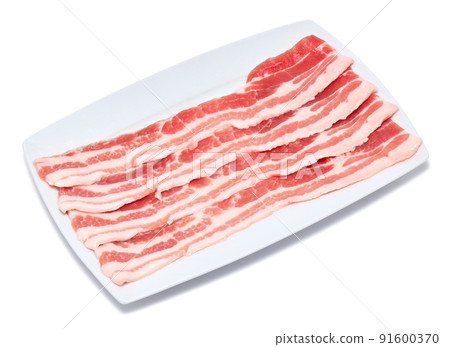Bacon Slices in White ceramic Plate isolated On White Background  91600370