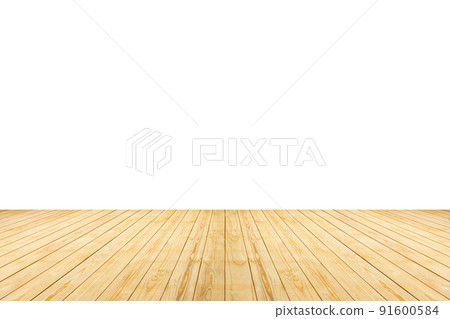 Empty wooden table top isolated on white background for product display montage 91600584