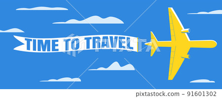 Airplane with flying advertising banner. Time To Travel Airplane with flying advertising banner. Time To Travel 91601302