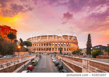 Rome, Italy. Colorful Sunset Sky Above Colosseum Also Known As Flavian Amphitheatre In Evening Time. 91601697