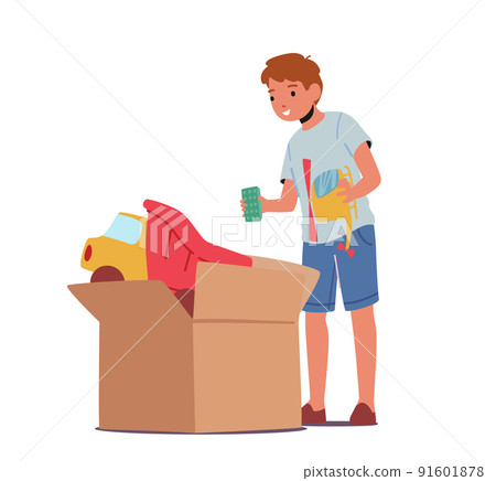 Little Boy Taking Toys from Big Carton Box. Child Character Playing Activity Isolated on White Background. Infant Games Little Boy Taking Toys from Big Carton Box. Child Character Playing Activity Isolated on White Background. Infant Games 91601878