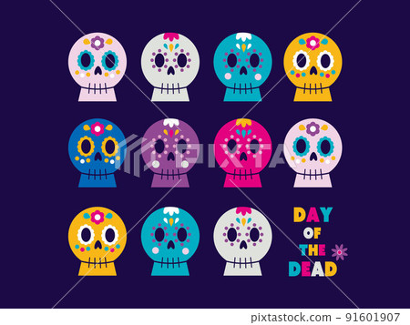 明信片上印有墨西哥亡靈節卡拉維拉（頭骨）的插圖 91601907