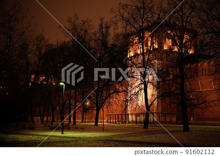 Night winter view to bastion and wall of Donskoy monastery, Moscow at Russia Night winter view to bastion and wall of Donskoy monastery, Moscow at Russia 91602112