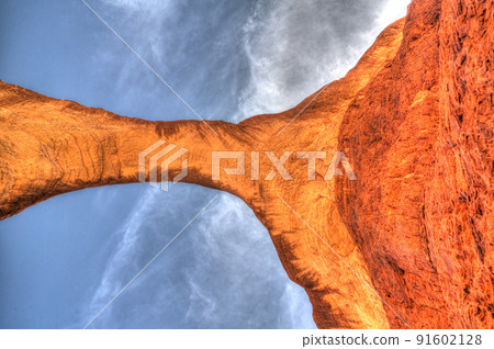 bottom up view Abstract Rock formation at plateau Ennedi aka Aloba arch in Chad 91602128