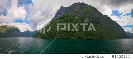 Aerial panorama view to Geiranger fjord,Trollstigen, Norway 91602153