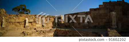 View to ruins of swimming pool with sculptures in Salamis ruins at Cyprus View to ruins of swimming pool with sculptures in Salamis ruins at Cyprus 91602202