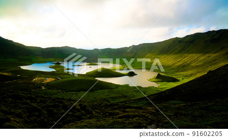 Landscape sunset view to Caldeirao crater, Corvo island, Azores, Landscape sunset view to Caldeirao crater, Corvo island, Azores, 91602205