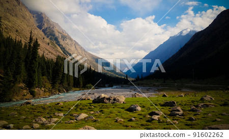 Panoramic view to Barskoon pass, river and gorge and Sarymoynak pass, Jeti-Oguz, Kyrgyzstan 91602262