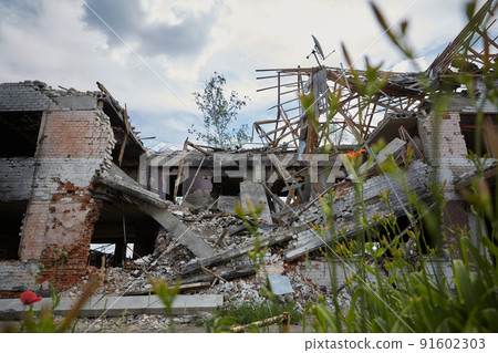 Damaged ruined houses in Chernihiv near Kyiv on north of Ukraine 91602303