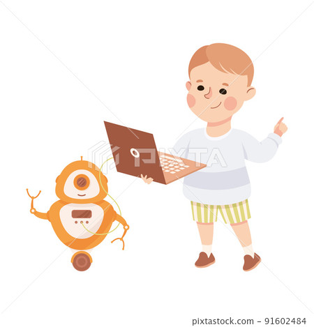 Little Boy with Laptop and Robot Engineering Smart Technology and Artificial Intelligence Vector Illustration 91602484